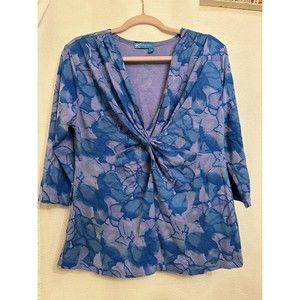 Fresh Produce 3/4 Sleeve Blue Floral Top Faux Wrap Womens Size XL